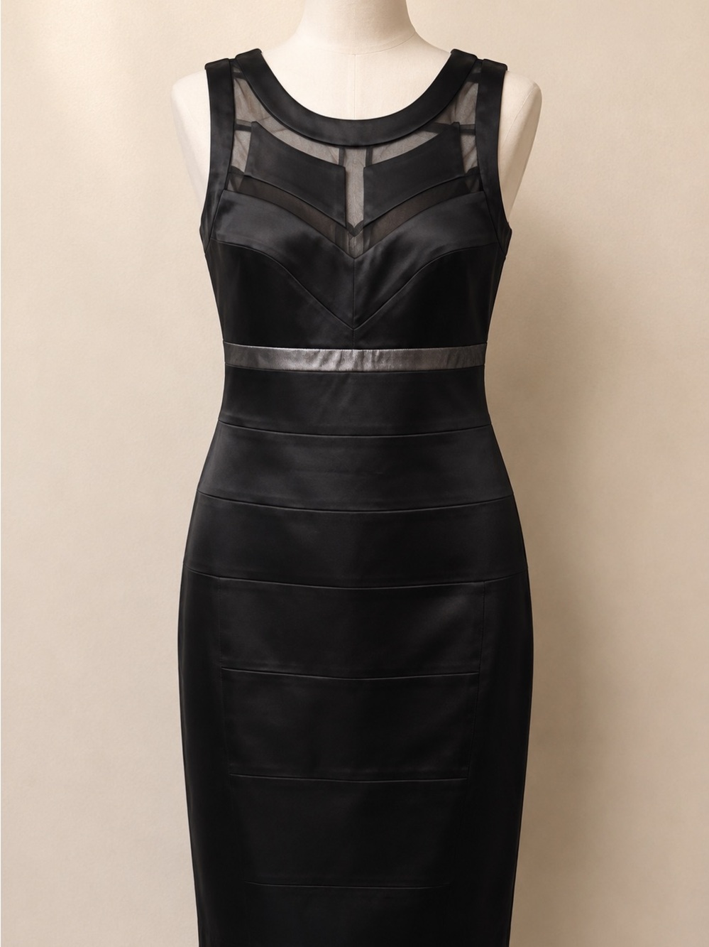 JAX Women’s Sleeveless Black Midi Sheath Dress with Mesh Yoke Size 10